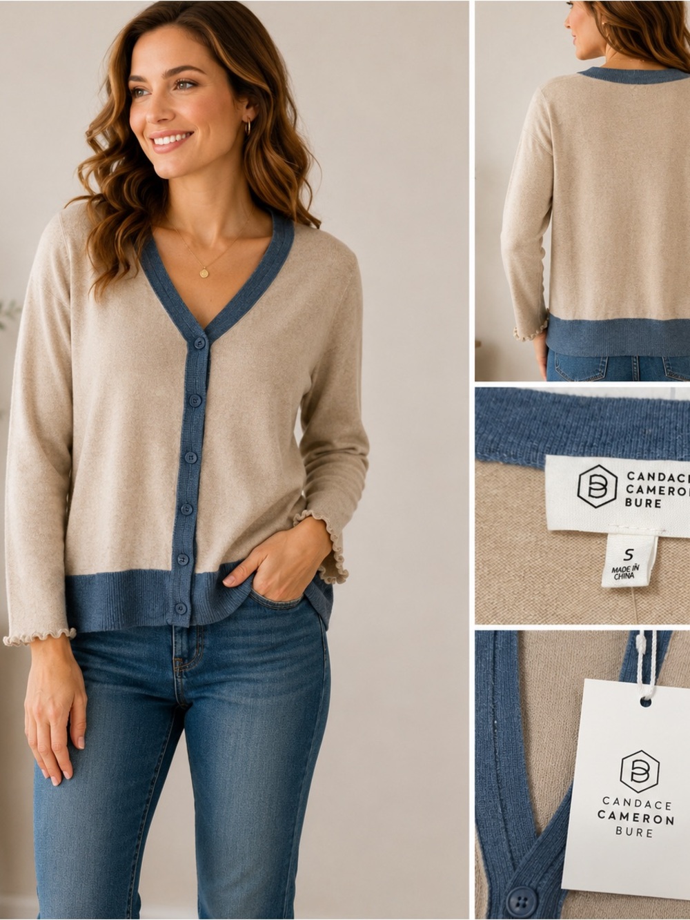 Candace Cameron Bure Cardigan Small Oatmeal Blue V Neck Ruffle Cuff Sweater